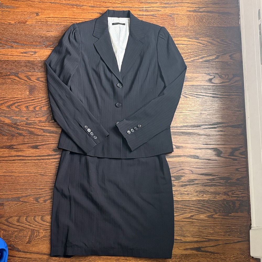 Elie Tahari Black Pinstriped Blazer and Skirt Set